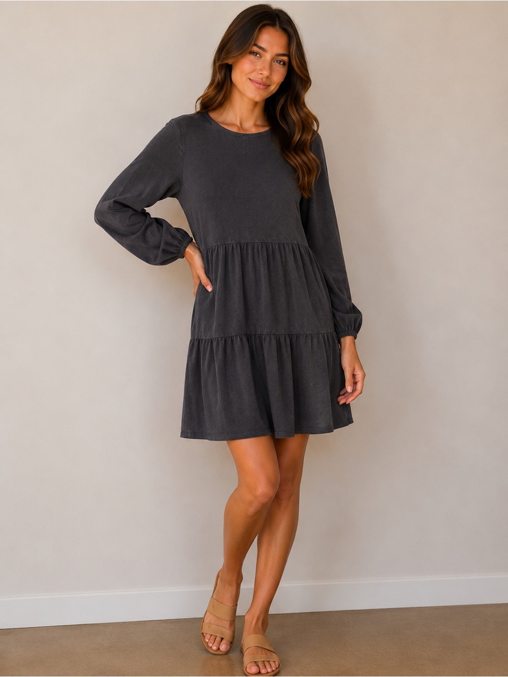 Tiered Long-Sleeve Mini Dress in Charcoal